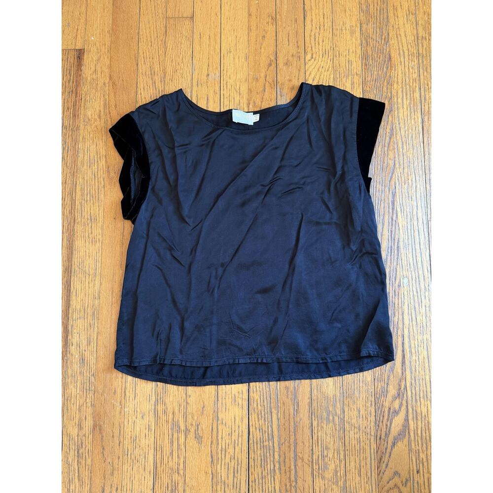 Nation LTD Shirt Womens Medium Black Velvet Cap Sleeve Satin Top Made USA